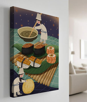 Ilustración juguetona de chefs preparando sushi en un paisaje imaginario