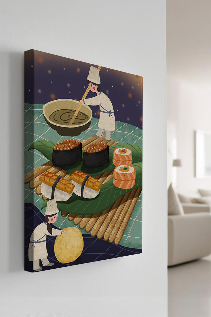 Ilustración juguetona de chefs preparando sushi en un paisaje imaginario