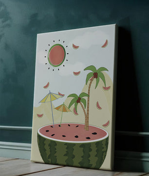 Summer Paradise with Watermelon Sun and Palms in Surreal Landscape