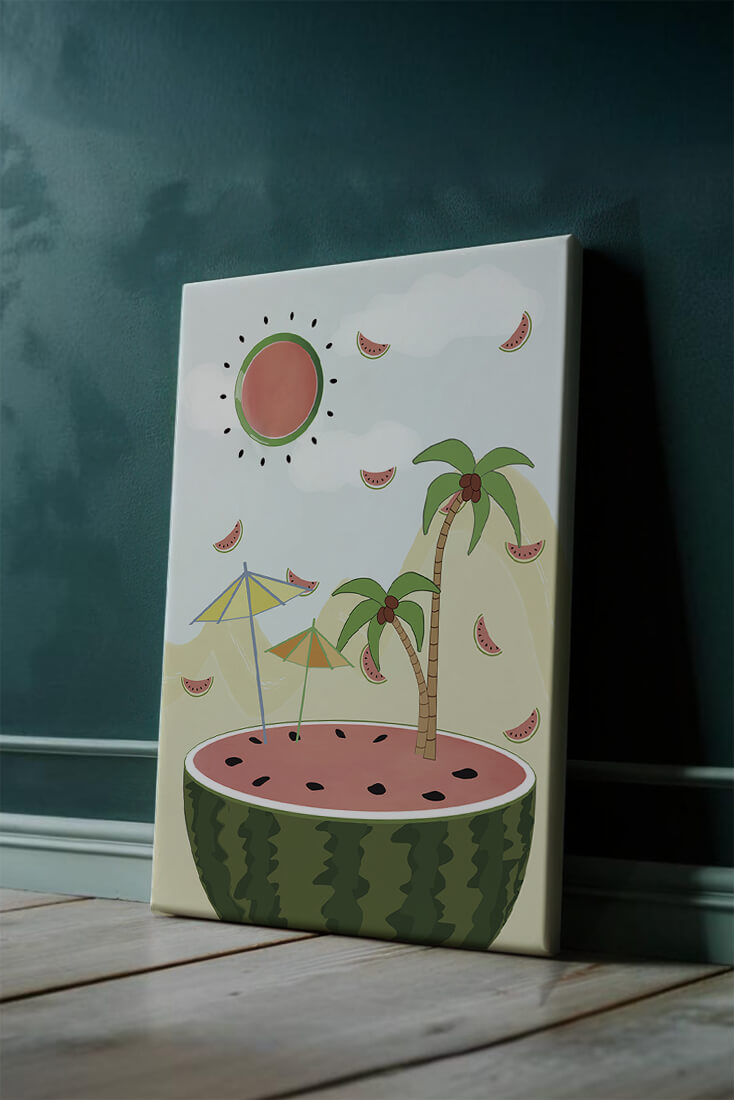 Summer Paradise with Watermelon Sun and Palms in Surreal Landscape