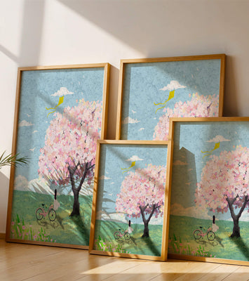 Springtime scene with cherry blossom and girl with bicycle