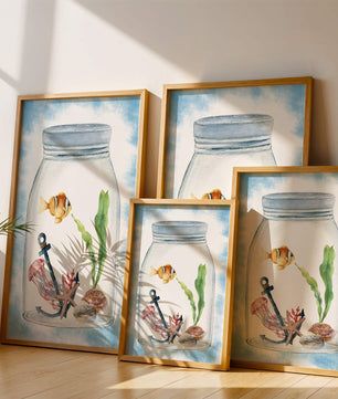Watercolor illustration of marine life in a jar with a clownfish