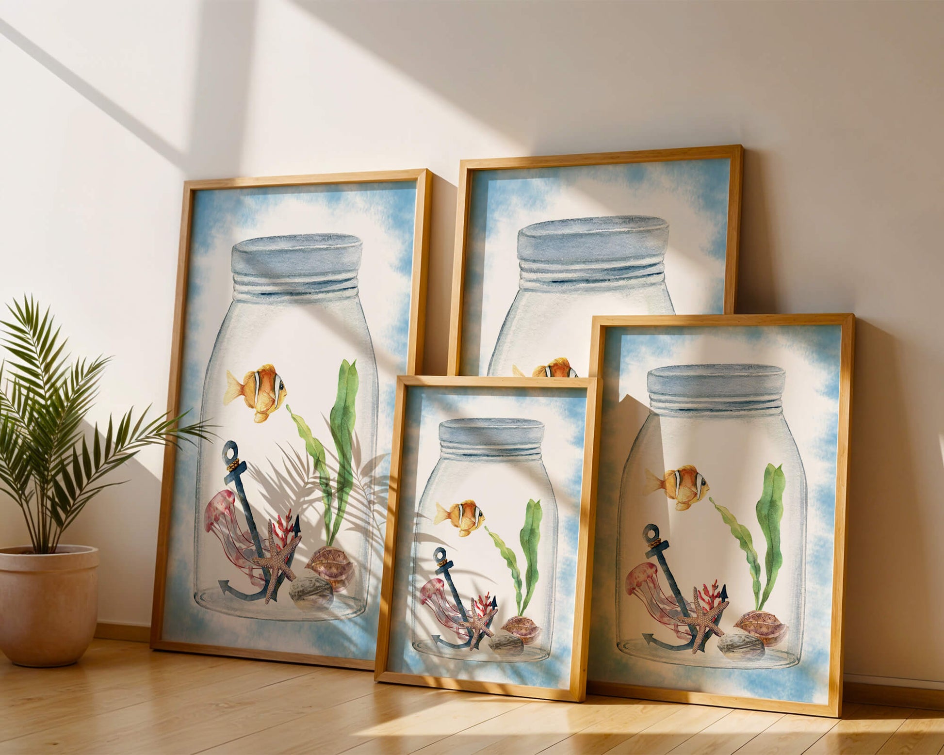 Watercolor illustration of marine life in a jar with a clownfish