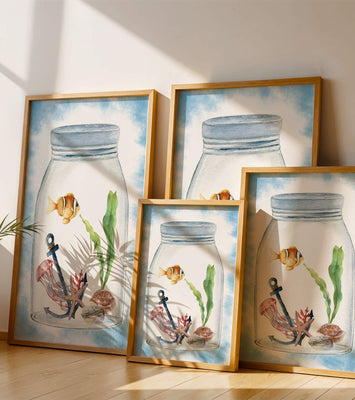 Watercolor illustration of marine life in a jar with a clownfish