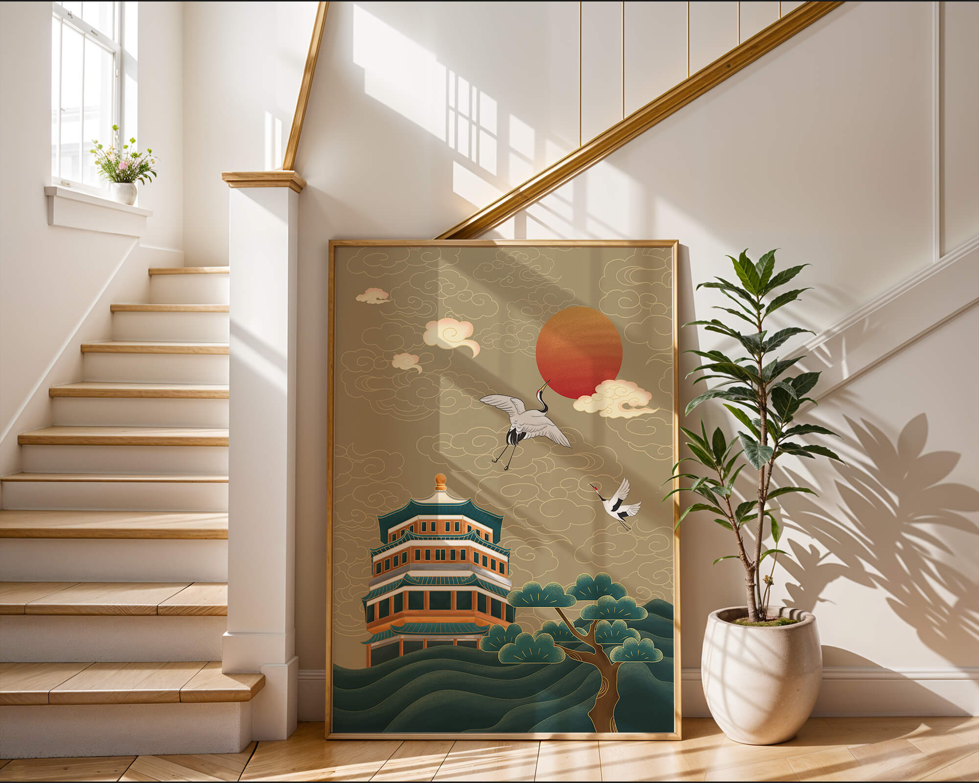 Traditional Asian artwork with cranes and pagoda under a red sun