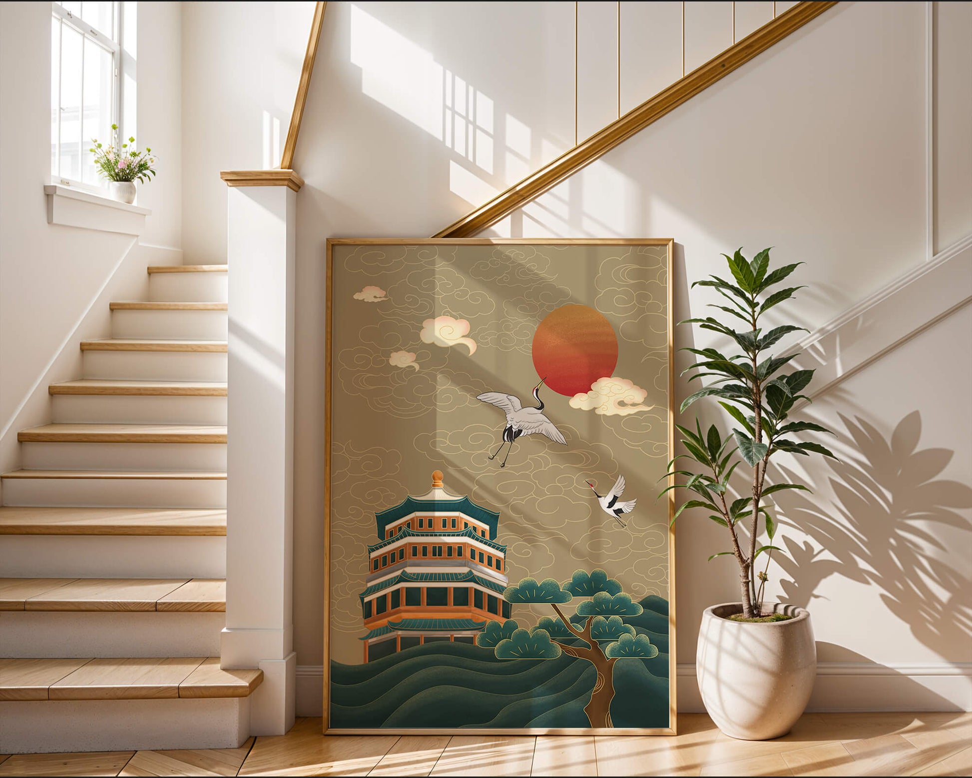 Obra de arte asiática tradicional con grullas y pagoda bajo un sol rojo