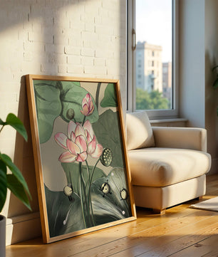 Illustrated lotus with playful cartoon bees in a serene garden