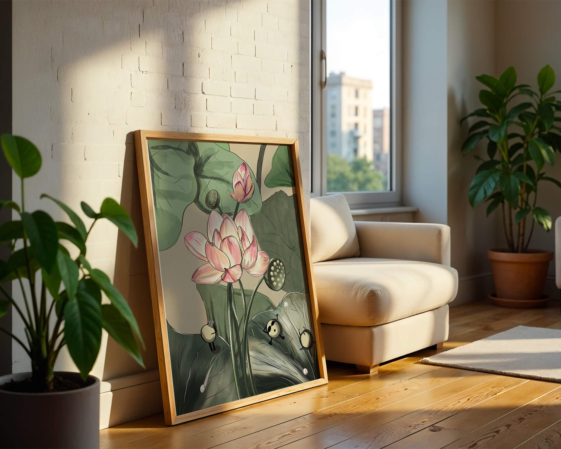 Illustrated lotus with playful cartoon bees in a serene garden