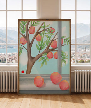 Peach tree outside a window with ripe peaches and sunny sky