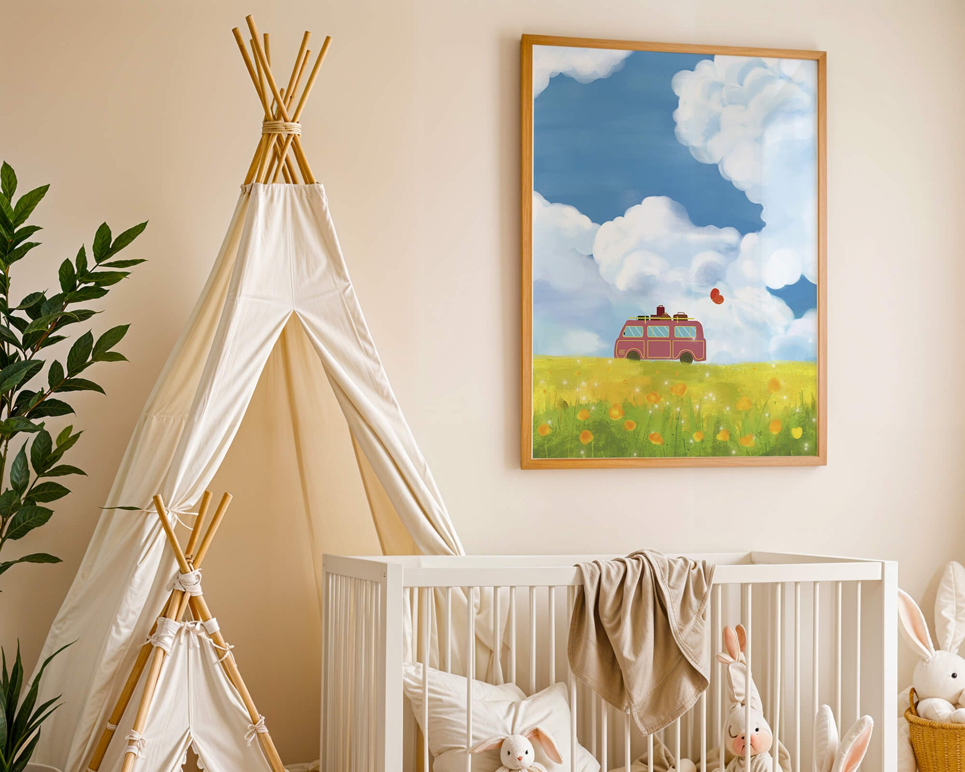 Colorful Van in a Vibrant Field with Balloons and Luggage