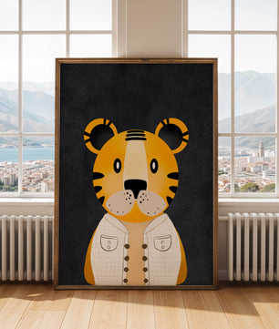 Illustration of cute cartoon tiger character in stylish outfit on dark background