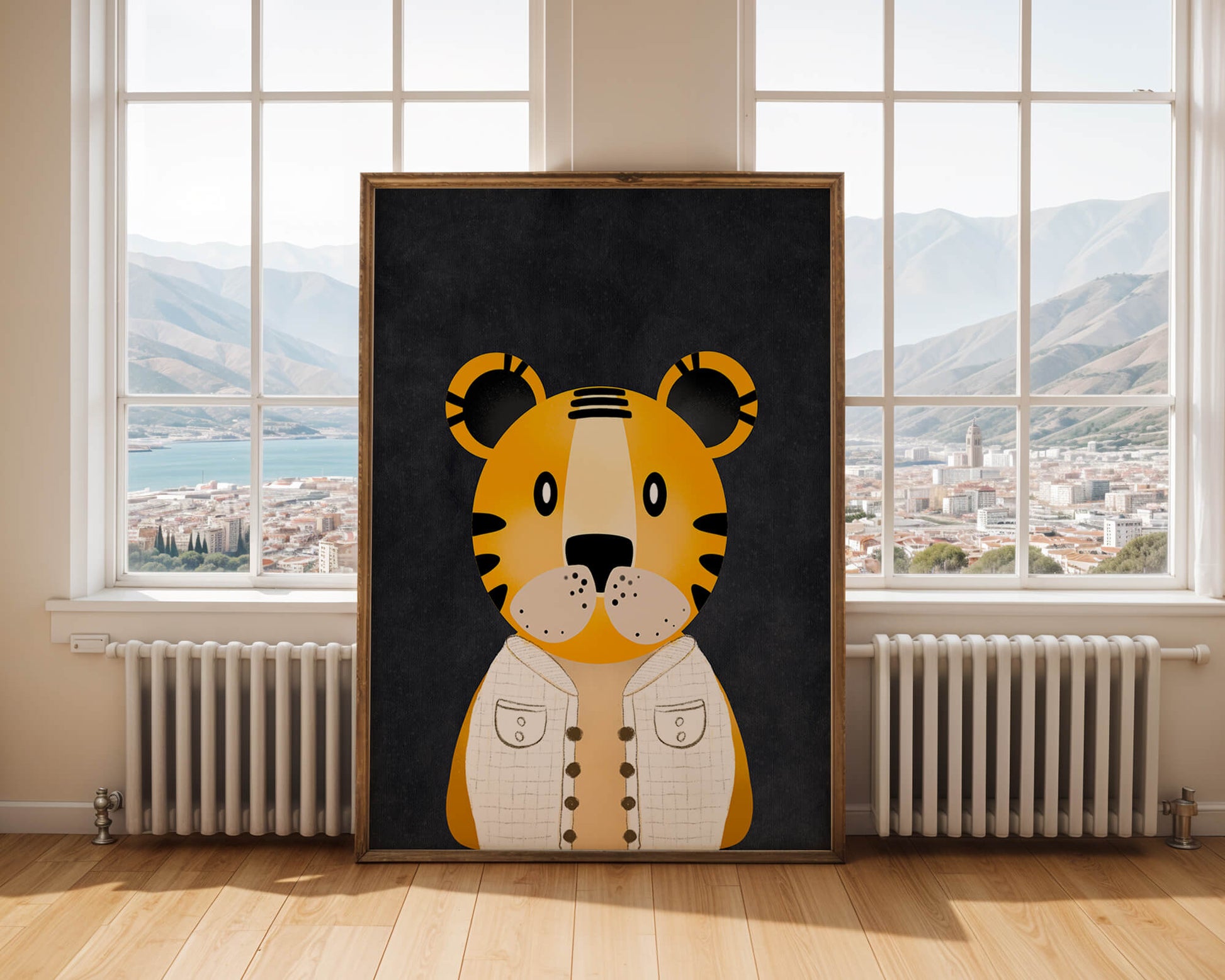 Illustration of cute cartoon tiger character in stylish outfit on dark background