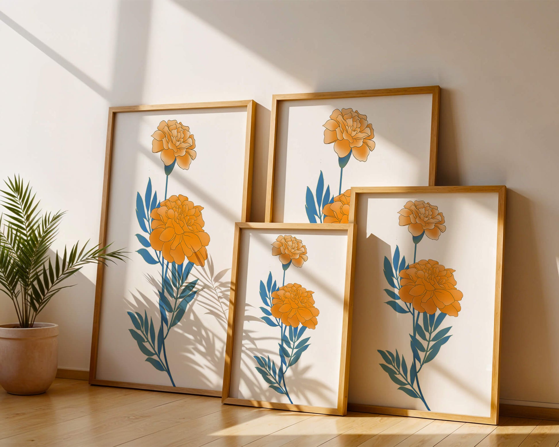 Elegante Illustration lebendiger Ringelblumen auf grünem Hintergrund