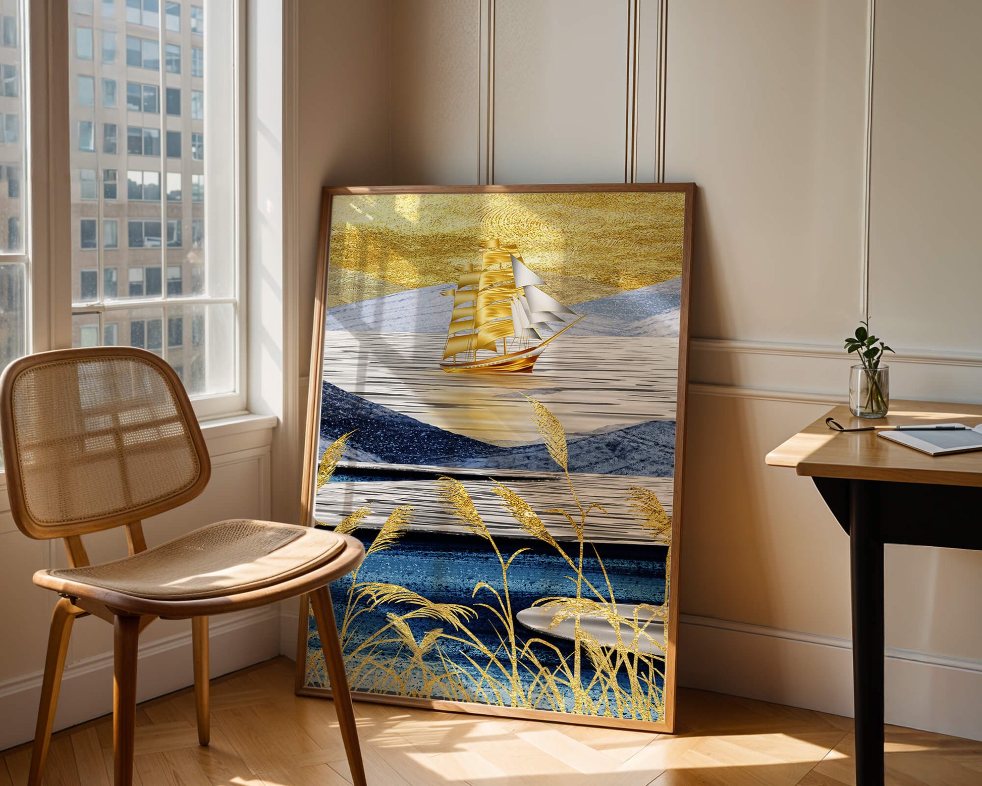 Golden Sailboat on Blue and Gold Landscape