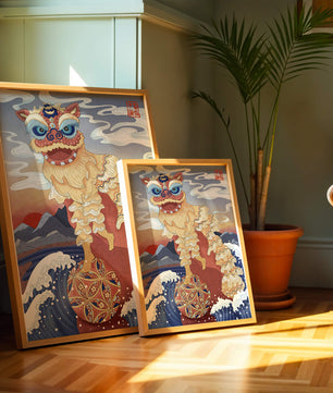 Traditionelle chinesische Löwentanzkunst mit malerischem Hintergrund