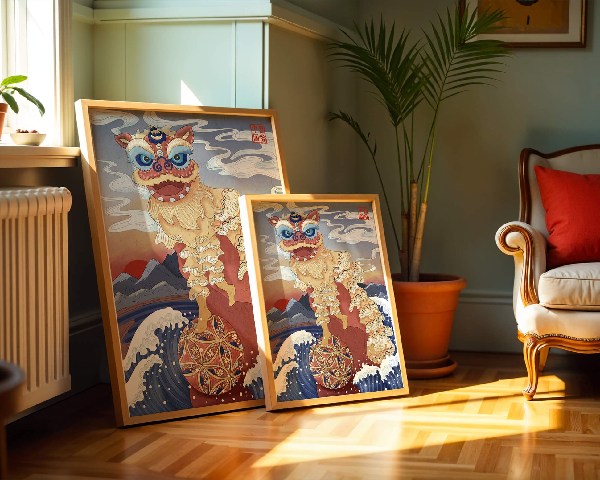 Traditionelle chinesische Löwentanzkunst mit malerischem Hintergrund