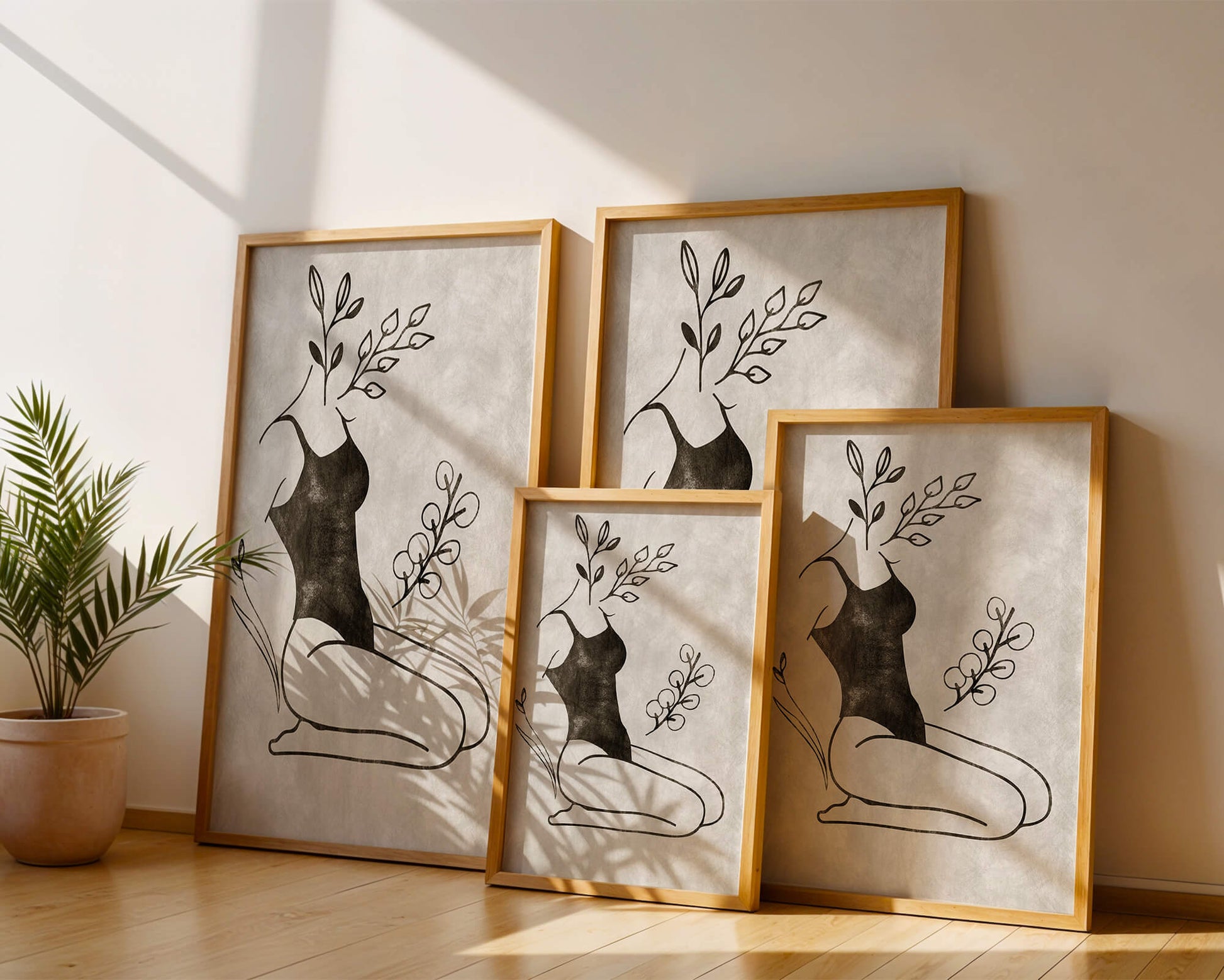 Mujer abstracta con elementos botánicos en estilo minimalista