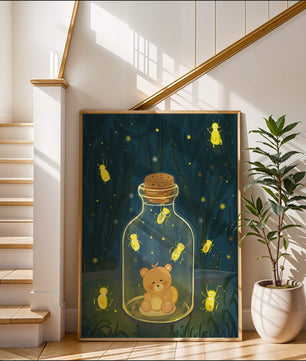 Charming teddy bear in a jar with glowing fireflies
