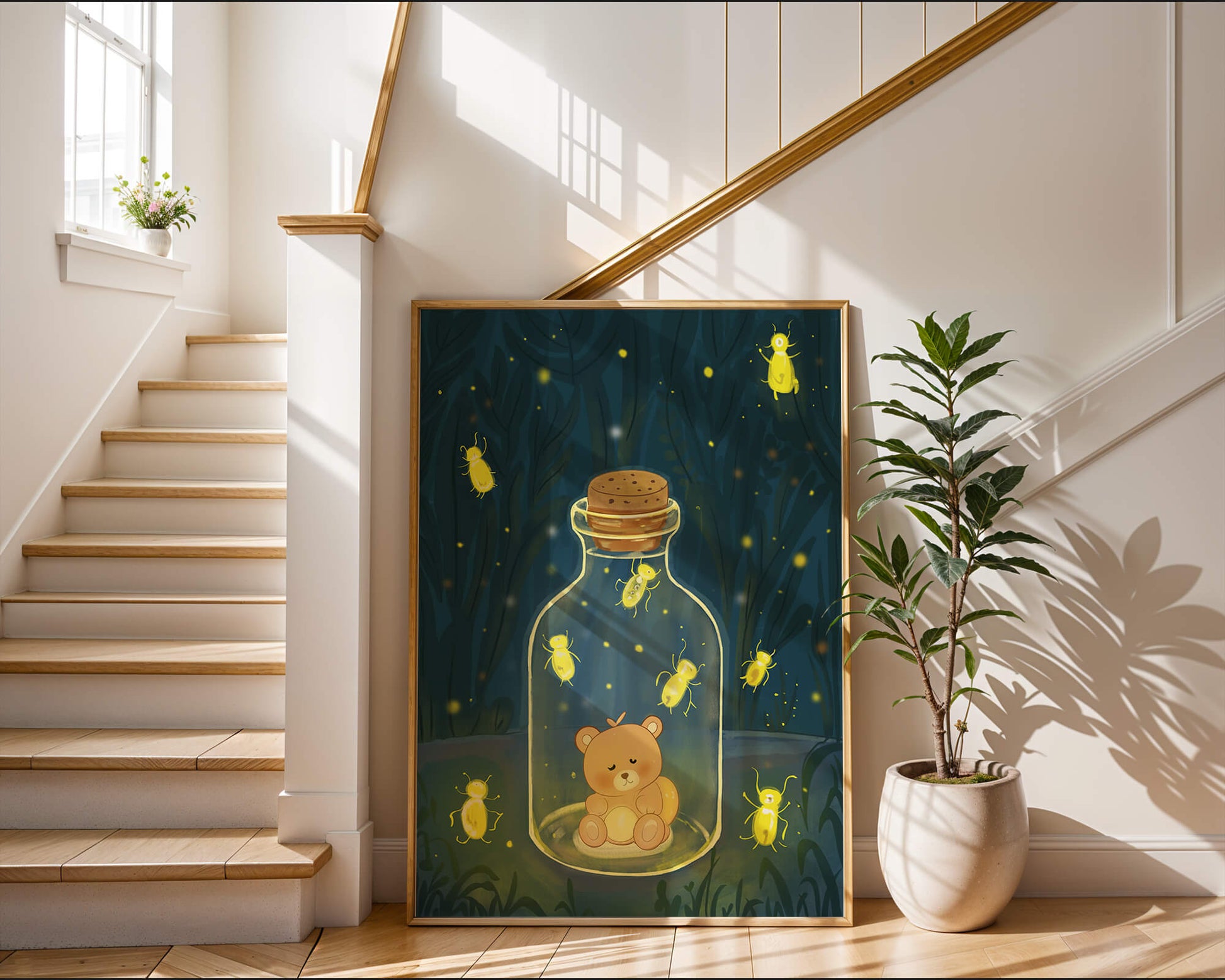 Charming teddy bear in a jar with glowing fireflies