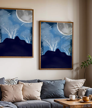 Paysage nocturne d'hiver avec arbres nus et pleine lune