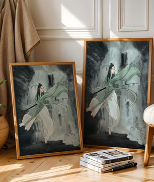 Dynamic illustration of a warrior in flowing robes with a spear