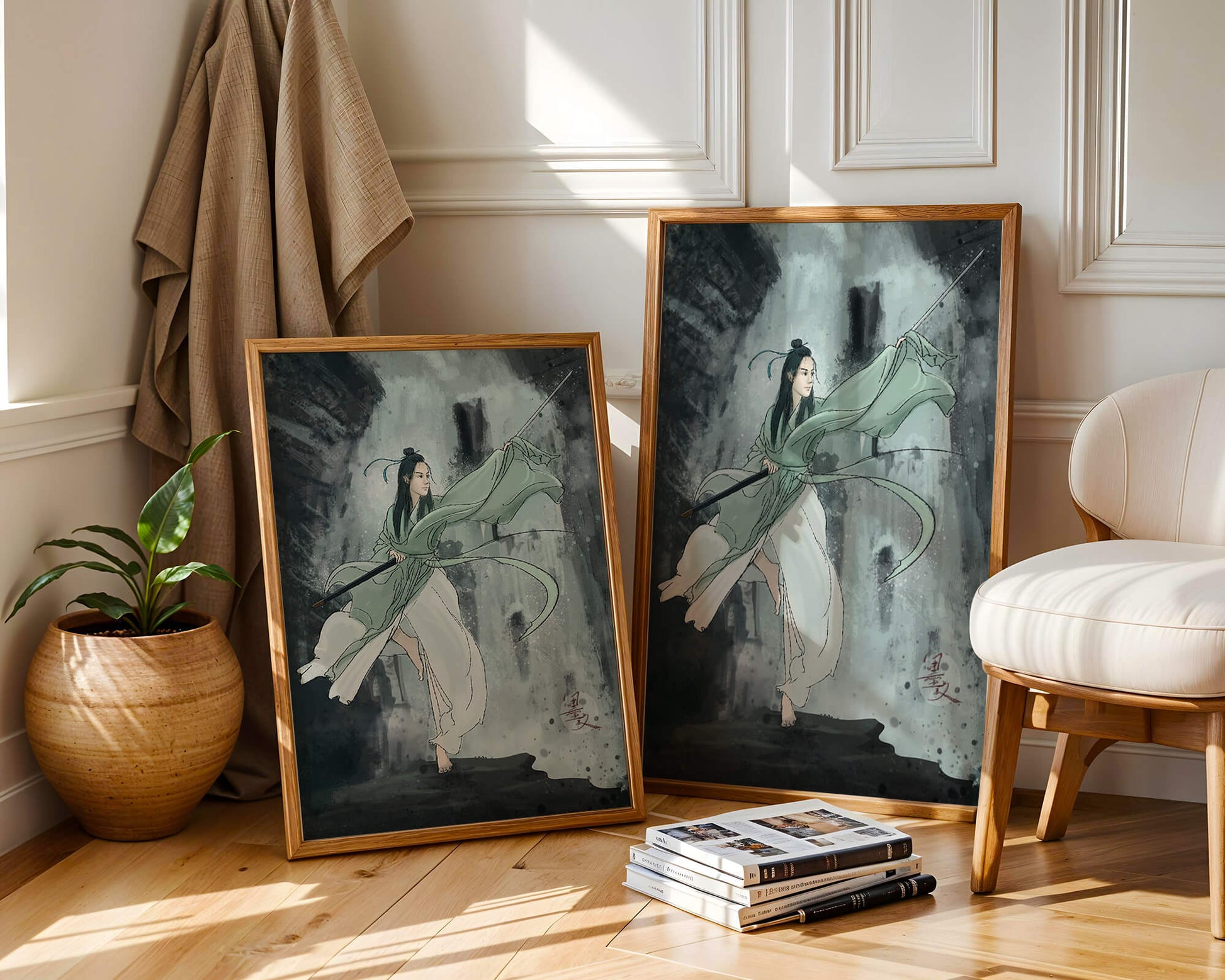 Dynamic illustration of a warrior in flowing robes with a spear