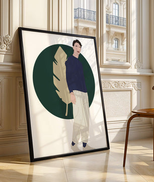 Illustration of a man standing with abstract leaf background