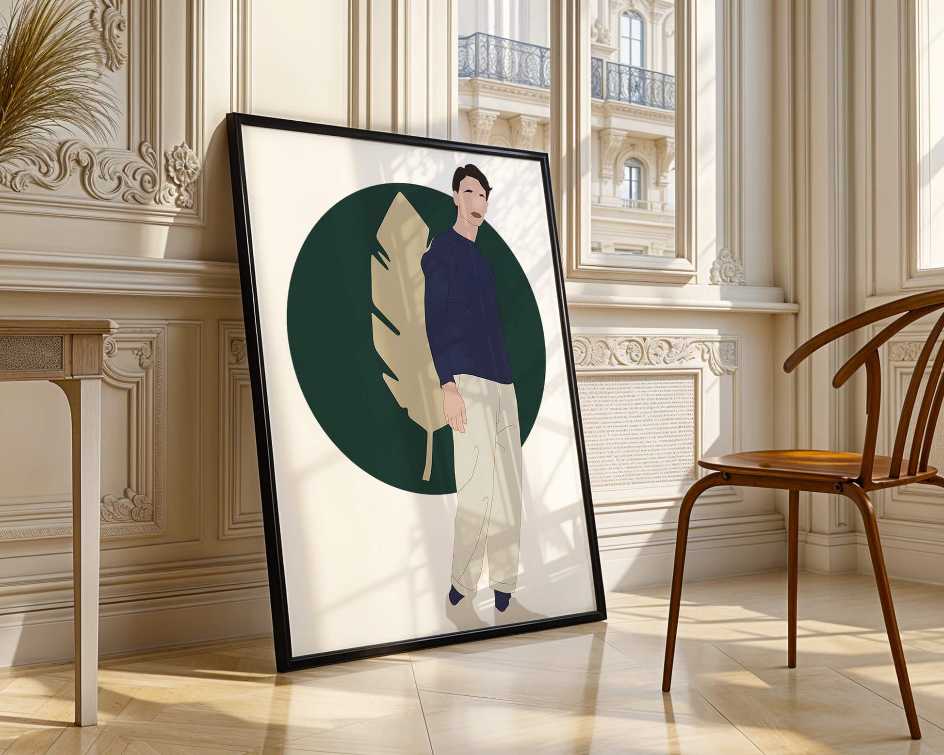 Illustration of a man standing with abstract leaf background
