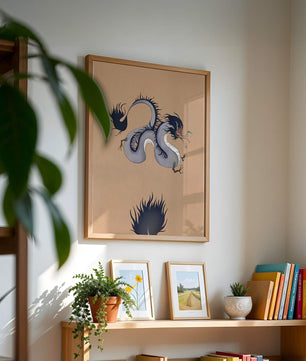 Illustration of a mystical dragon with fluid form on a beige background