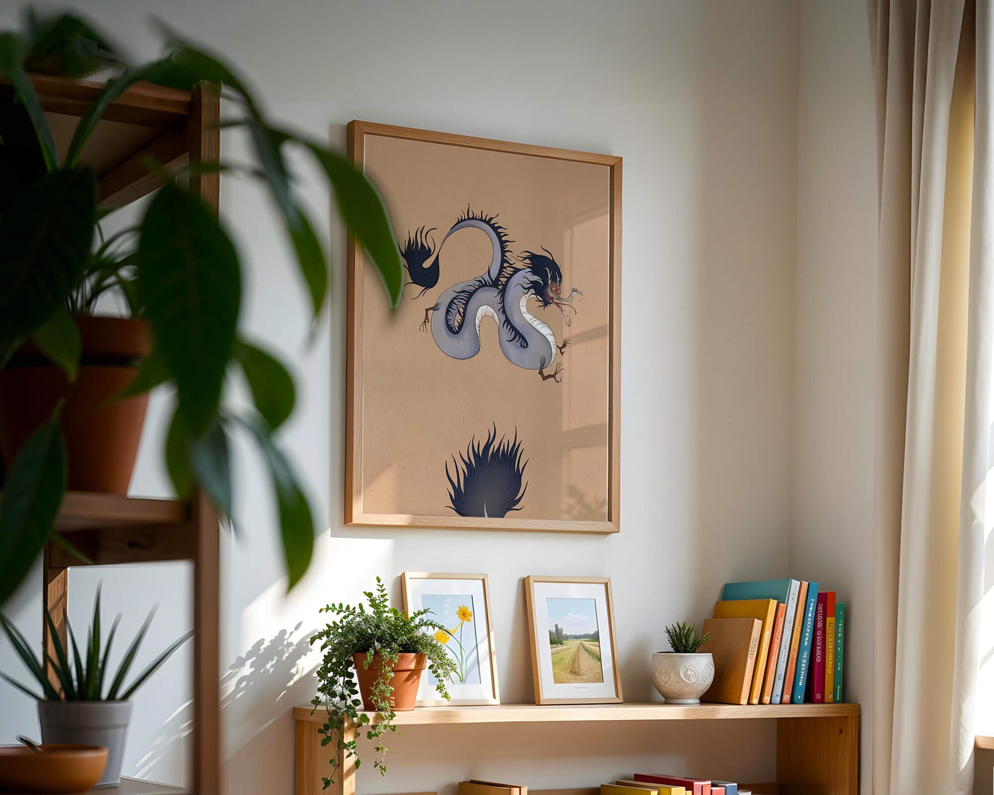 Illustration of a mystical dragon with fluid form on a beige background
