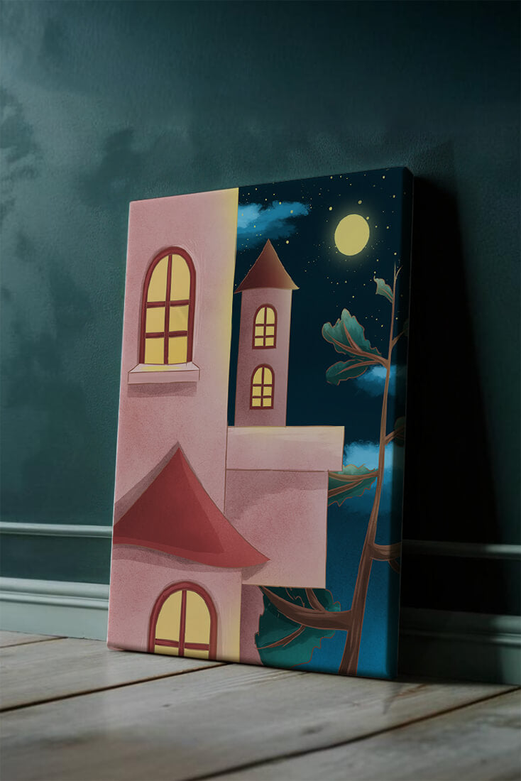 Castle with Arched Windows under Moonlit Sky