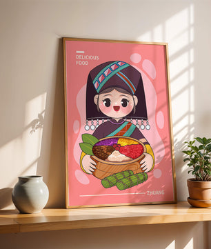 Personnage de dessin animé charmant en tenue traditionnelle tenant un panier de nourriture coloré