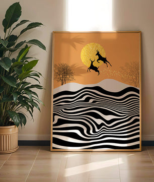 Abstract landscape with jumping deer and golden sun