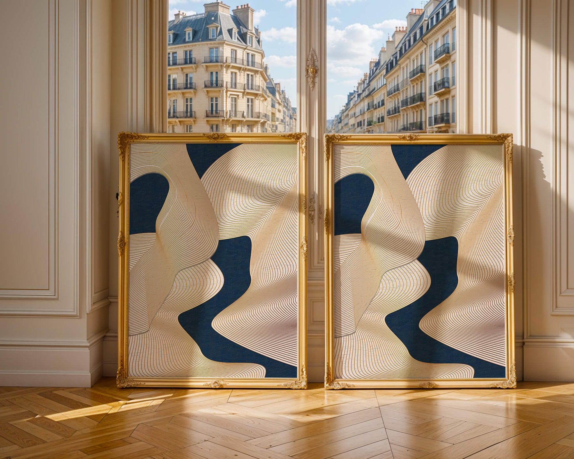 Lignes fluides abstraites sur fond bleu foncé