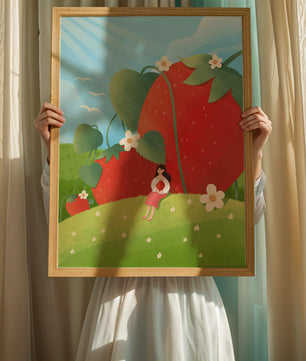 Paysage serein avec d'énormes fraises et une femme dans une prairie en fleurs