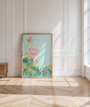 Loteo de flores de loto ilustrativas con hojas y peces koi en un estanque sereno