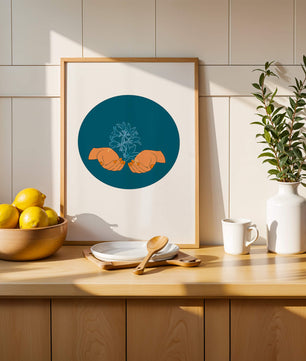 Illustration of Hands Holding a Plant with Teal Background