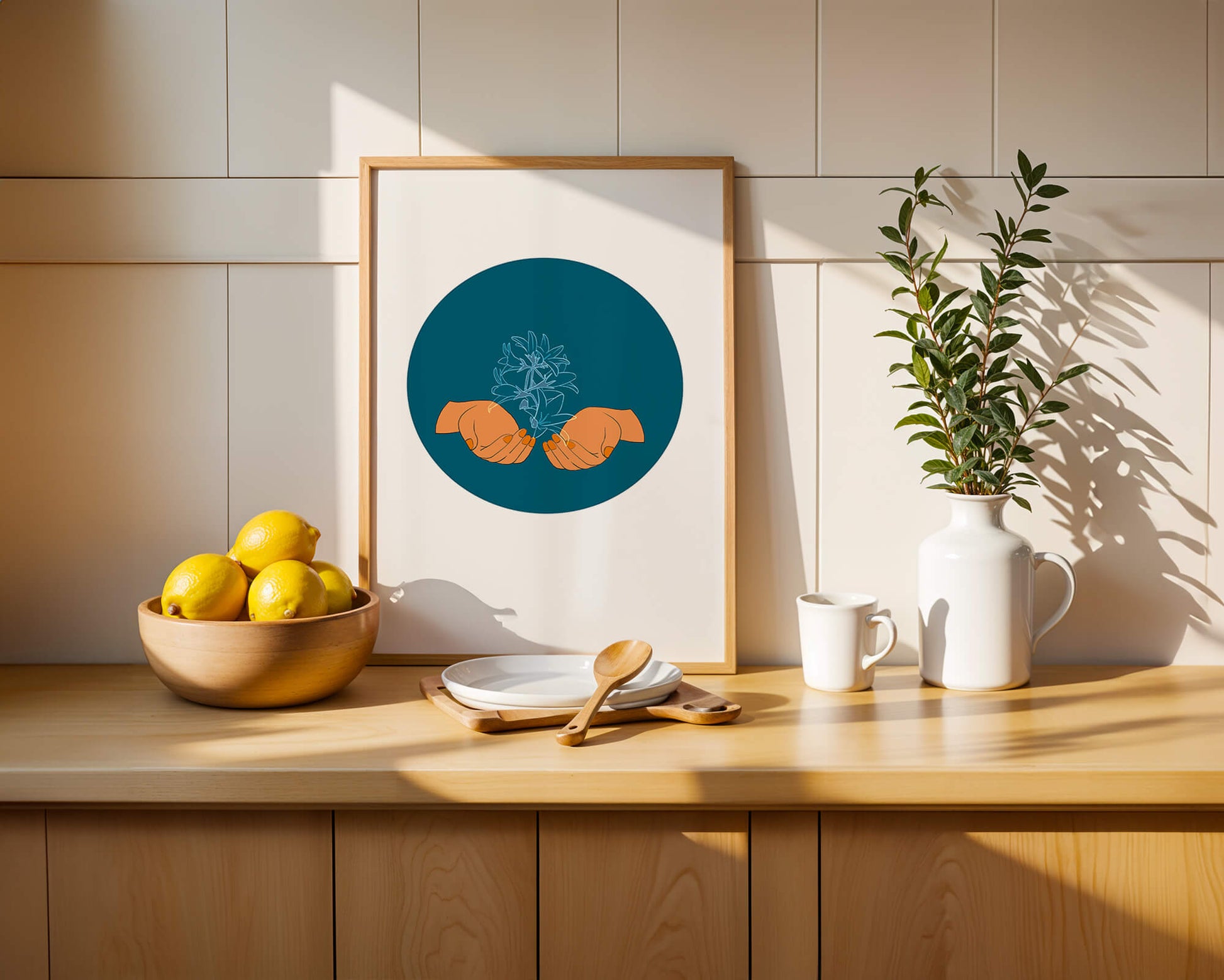 Illustration of Hands Holding a Plant with Teal Background
