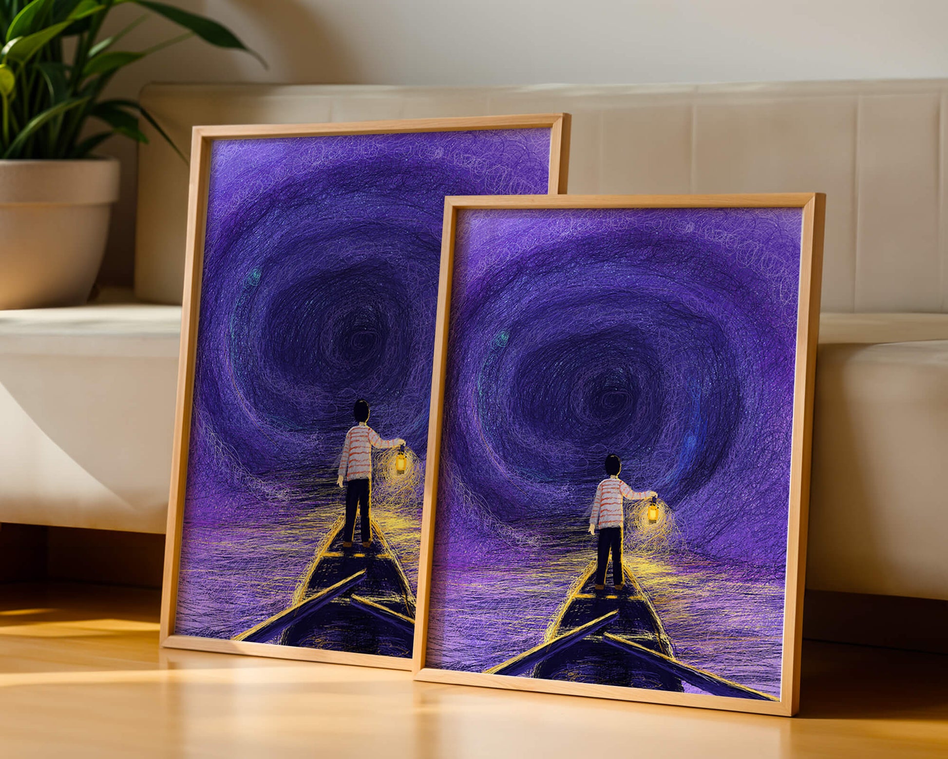 A boy holding a lantern on a boat in a swirling purple vortex