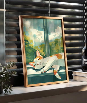 Peaceful Cat Napping by the Window with Sunlit Garden View - Mi tienda