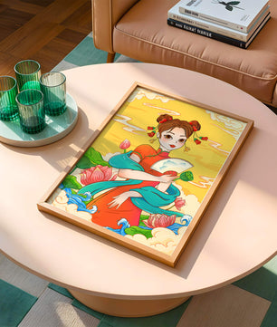 Ilustración oriental que presenta a una chica con atuendo tradicional, un abanico y flores de loto