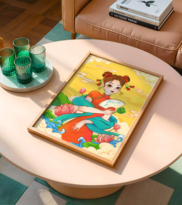 Oriental illustration featuring a girl in traditional attire with a fan and lotus flowers