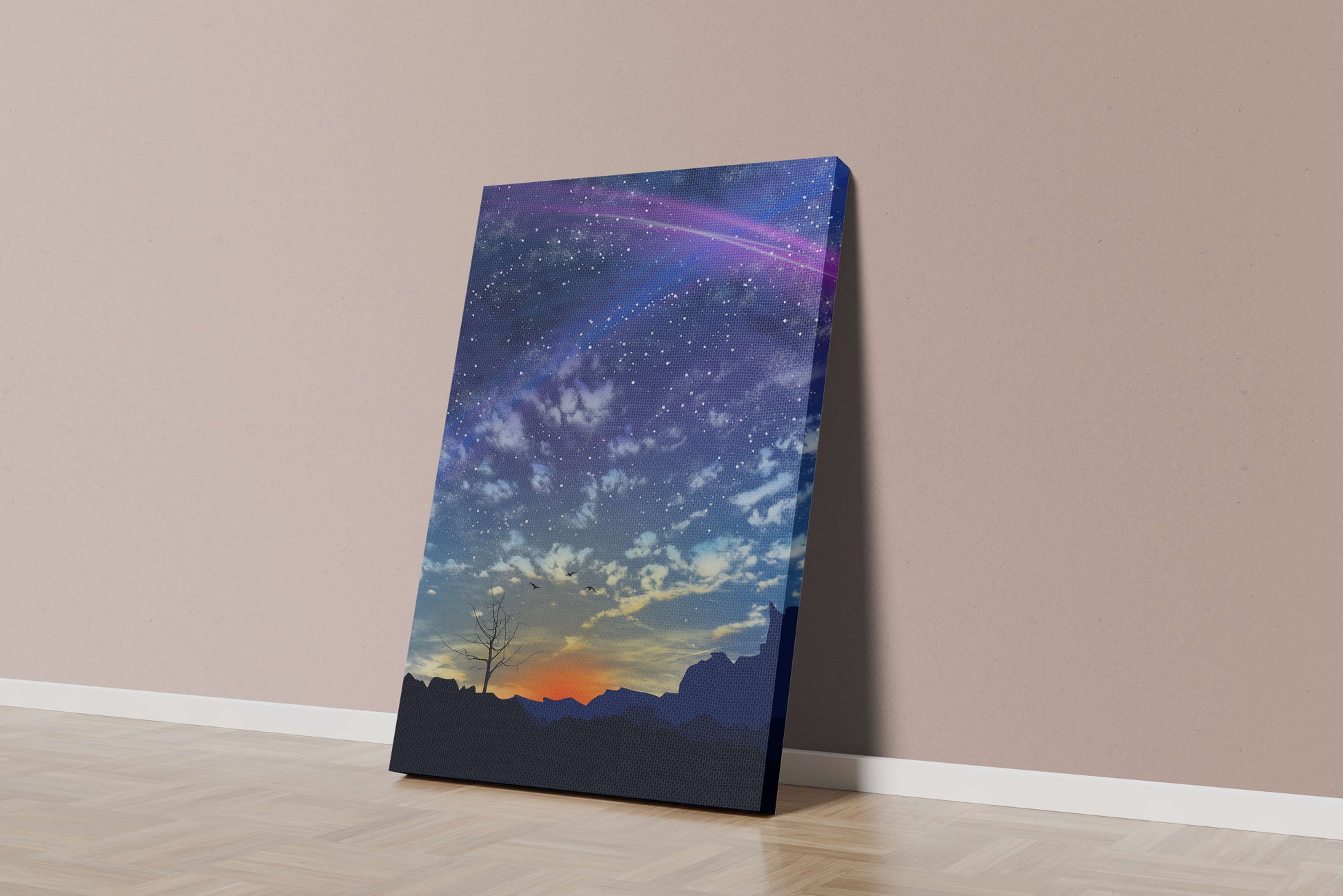 Impresionante cielo nocturno con constelaciones y colorido atardecer.