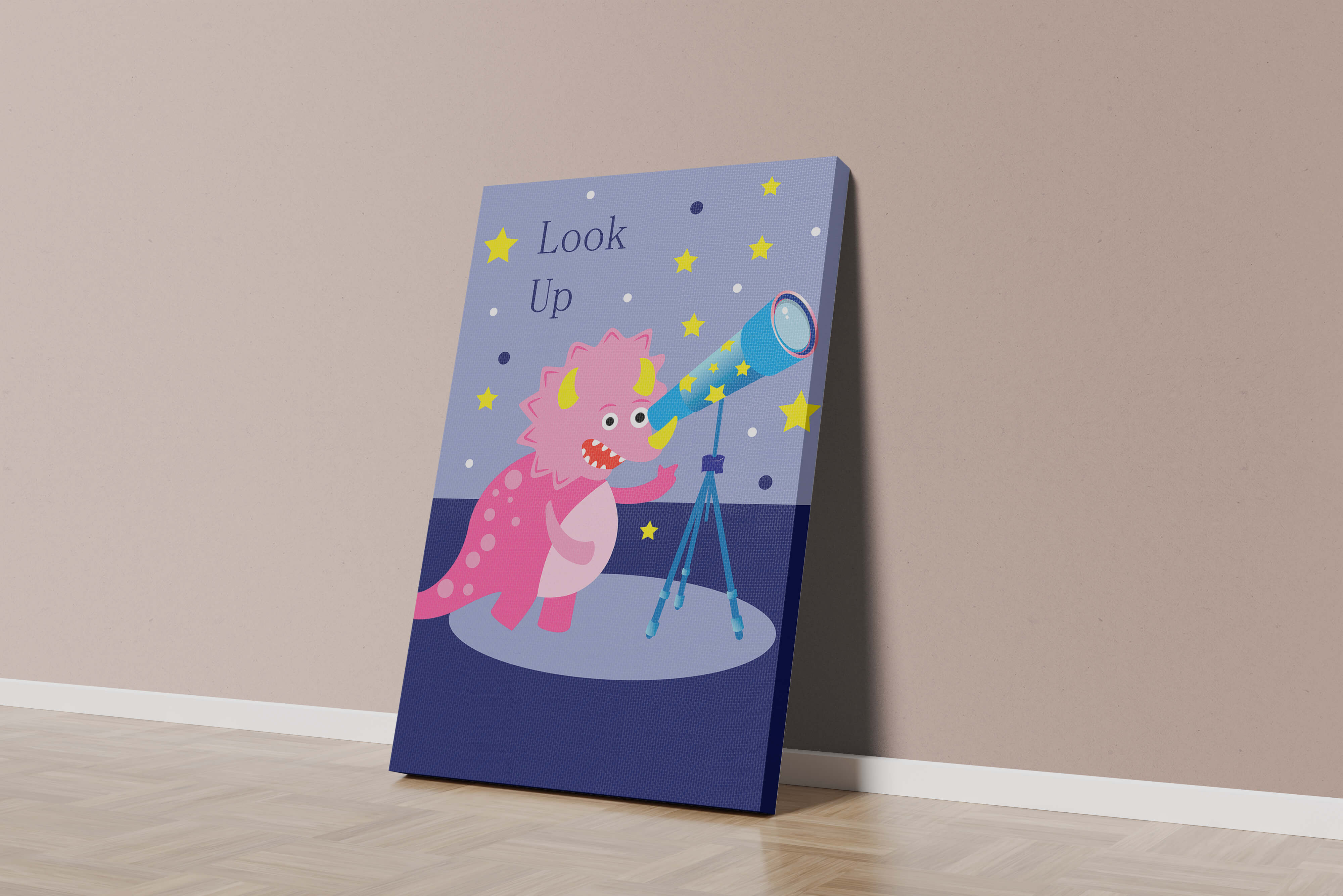 Pink cartoon dinosaur looking through a telescope with stars