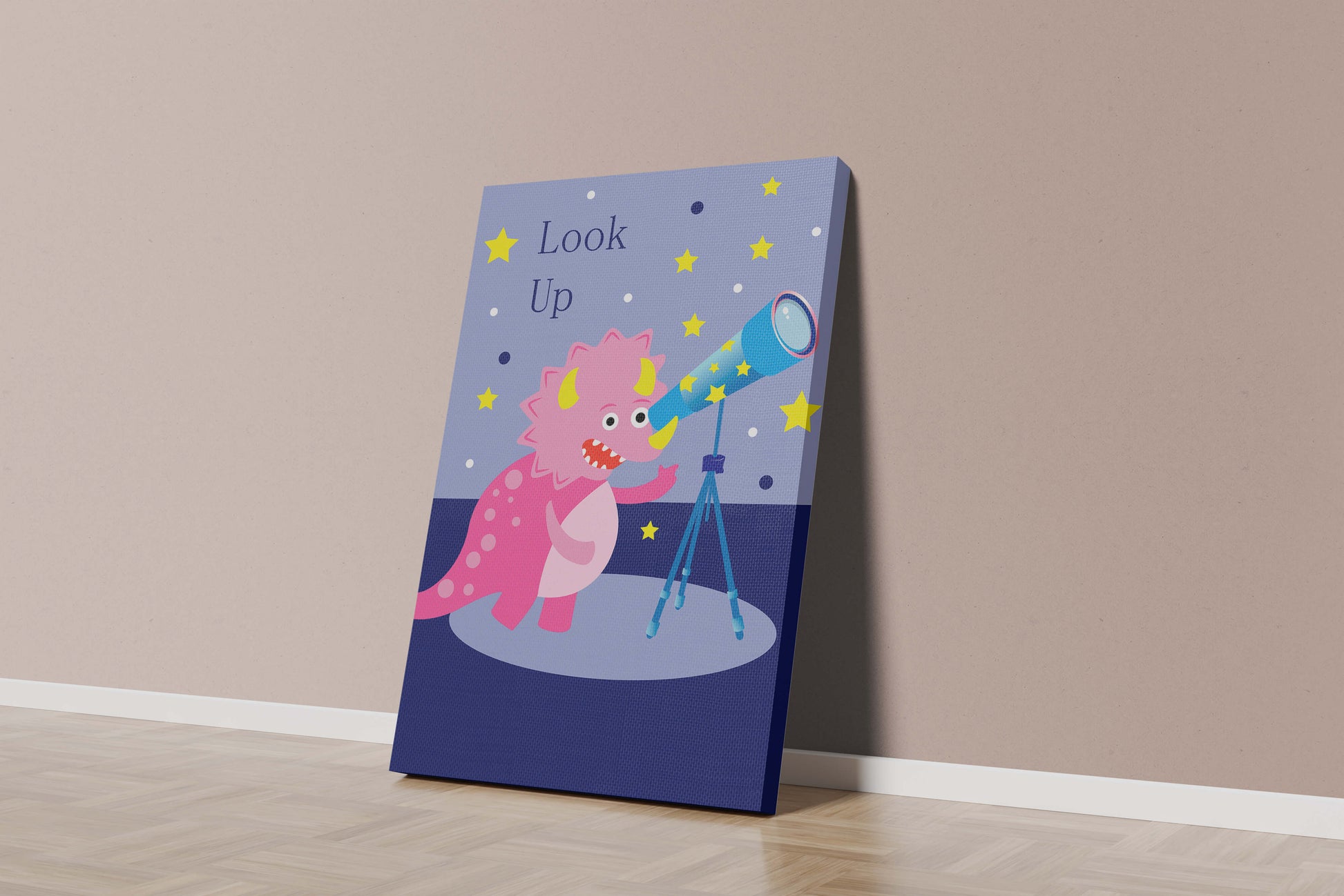 Pink cartoon dinosaur looking through a telescope with stars