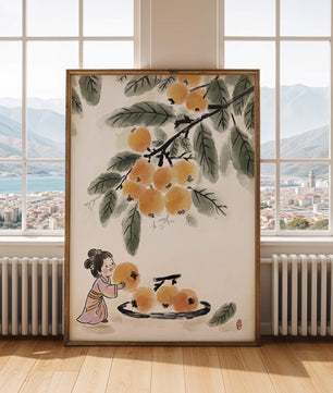 Arte japonés con una niña recogiendo caquis bajo un árbol