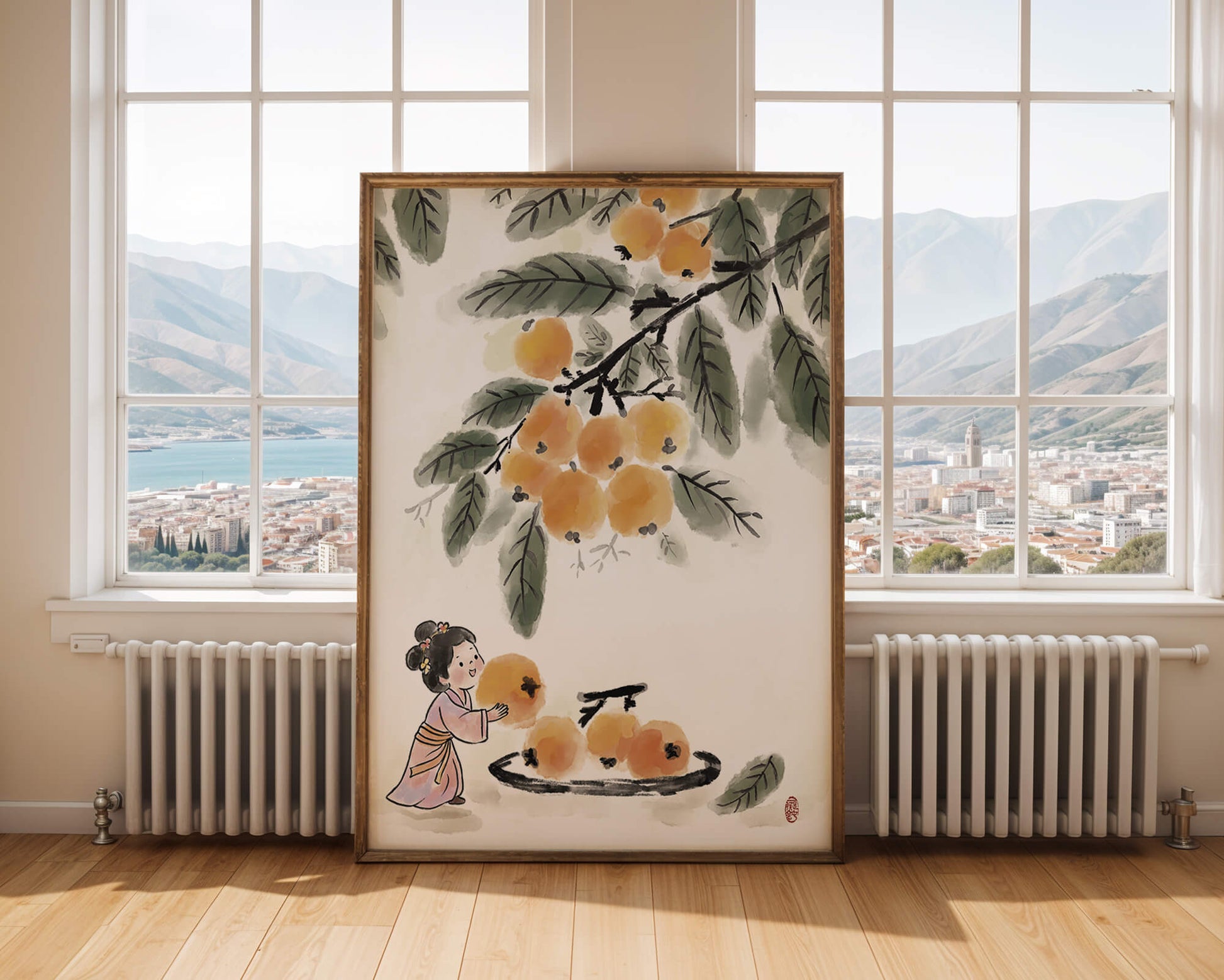 Arte japonés con una niña recogiendo caquis bajo un árbol
