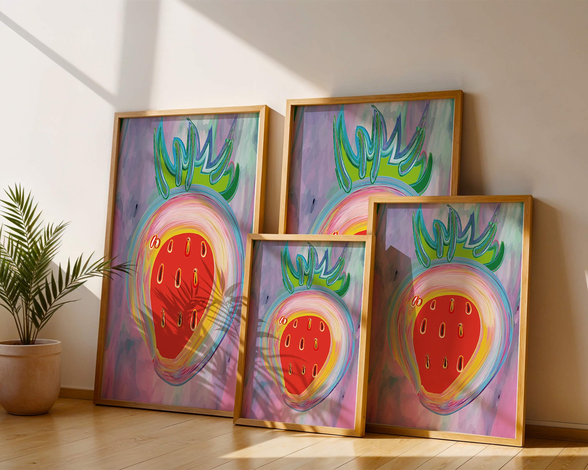 Colorful abstract strawberry with vibrant brush strokes