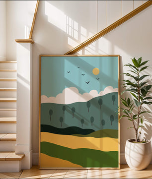 Minimalist Landscape with Hills and Sun