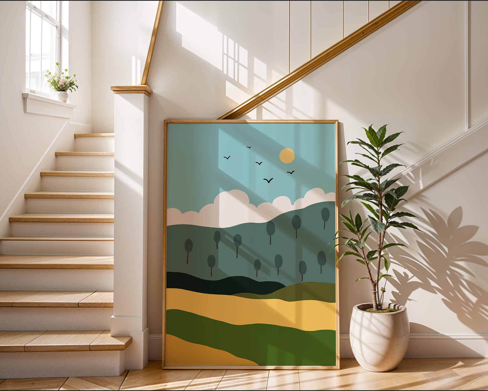 Minimalist Landscape with Hills and Sun